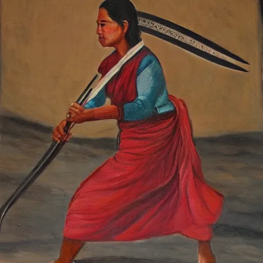 Image similar to a nepali woman carrying a sword, fierce, oil painting