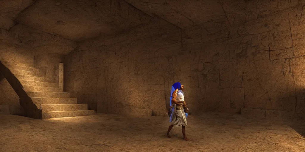 Prompt: A Egyptian Archeologist walking down a staircase into a dark Ancient decorated Egyptian Sandstone tomb, retrofuturism, texture, volumetric lighting, high details,