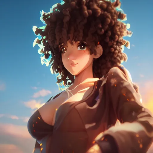 Prompt: a beautiful 3d brown anime girl, brown skin, long black curly hair, Cinematic lighting, anime masterpiece, highly detailed, Trending on artstation, unreal engine 4k, Cinematic wallpaper