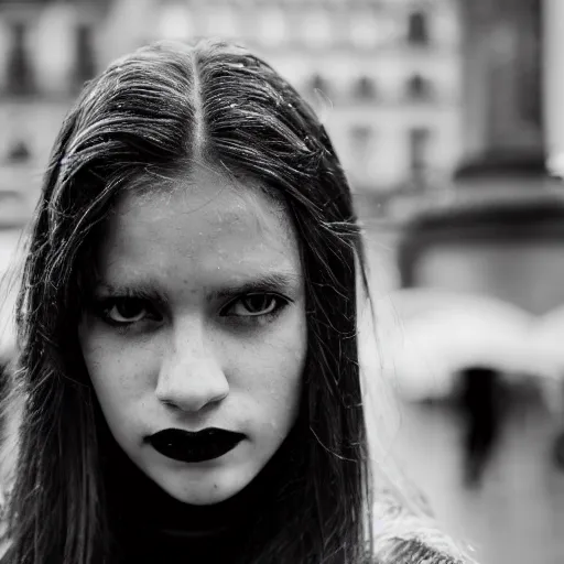 Image similar to black and white fashion photograph, highly detailed portrait of a depressed girl as a drug dealer on a busy Paris street, detailed face looking into camera, eye contact, natural light, rain, mist, lomo, fashion photography, film grain, soft vignette, sigma 85mm f/1.4 1/10 sec shutter, Daren Aronofsky film still promotional image, IMAX 70mm footage