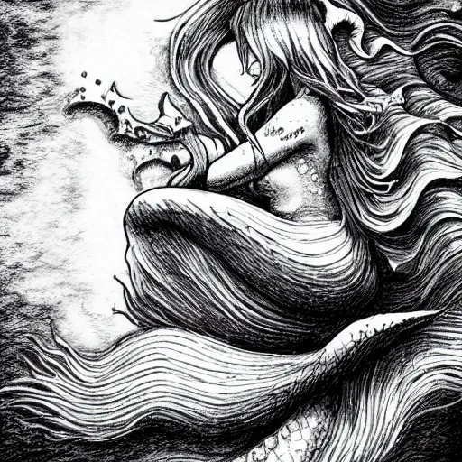 Image similar to mermaid in the style of kentaro miura, 4 k, 8 k, absolute detail of even the smallest details and particles, beautiful shadows, beautiful art, black and white drawing