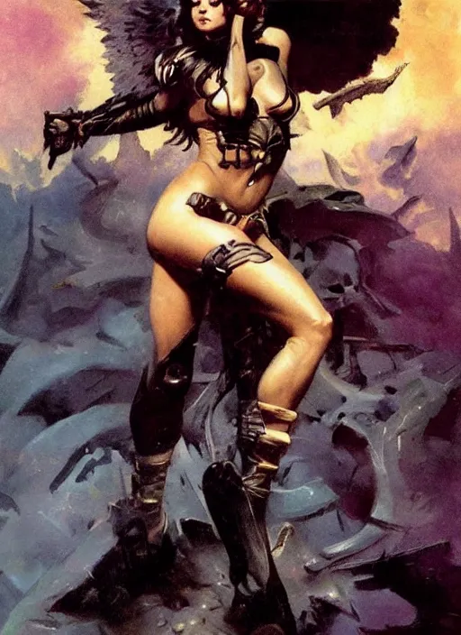 Prompt: portrait of female chaos angel, beautiful! coherent! by frank frazetta, by brom, strong line, deep color, armor, volumetric hair, high contrast, maximalist