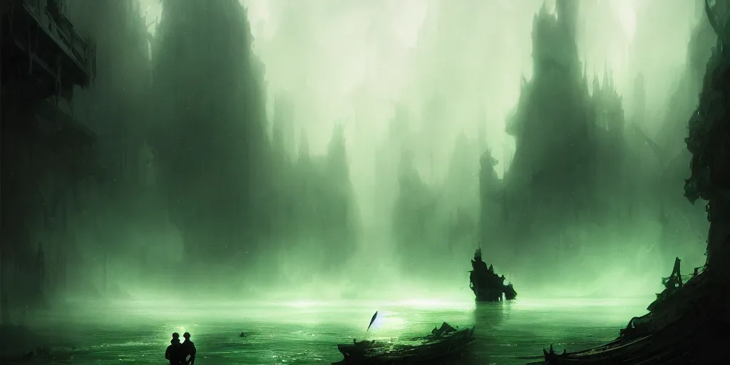 Image similar to magical subterranean river styx, a man in a cape on a boat with a sword, ethereal swirling green mist, dramatic lighting, magical atmosphere,, gothic illustration, greg rutkowski, andreas rocha, ashley wood, soft edges, low detail, trending on artstation