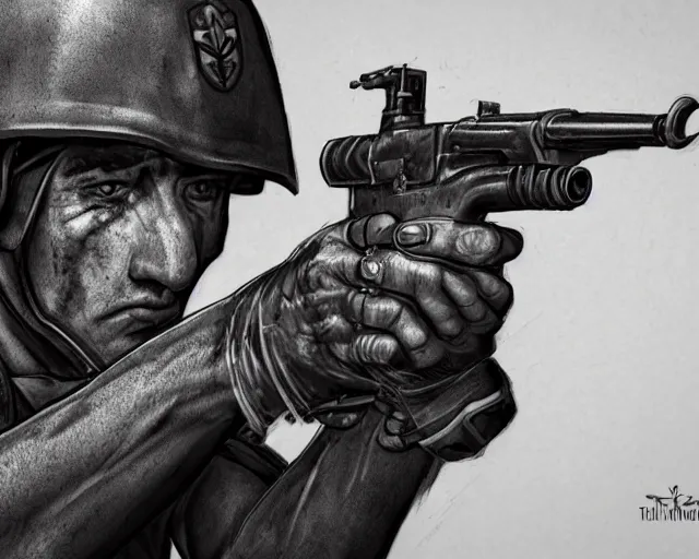 Prompt: A soldier aiming a gun, face in despair, world war 1, close-up, realistic face, beautiful face detail, mature facial features, black and white, amazing digital art, hyper detailed, artstation, in the style of Tony Sart