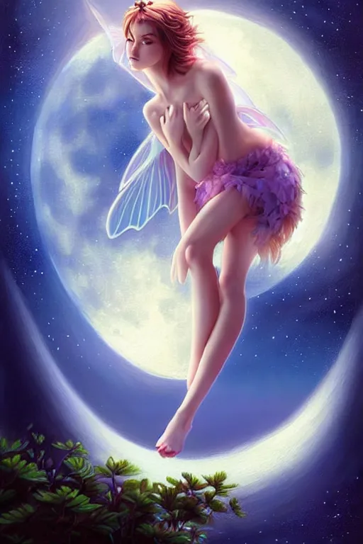 Image similar to attractive fairy magically floating high in the night, fantasy, full moon in background. highly detailed painting by artgerm, mid shot, 8 k