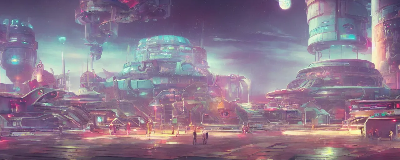 Image similar to detailed concept art illustration colorful pastel painting of a retro sci-fi alien spaceport in full intricate detail, ultra detailed, digital art, octane render, 4K, dystopian, micro details