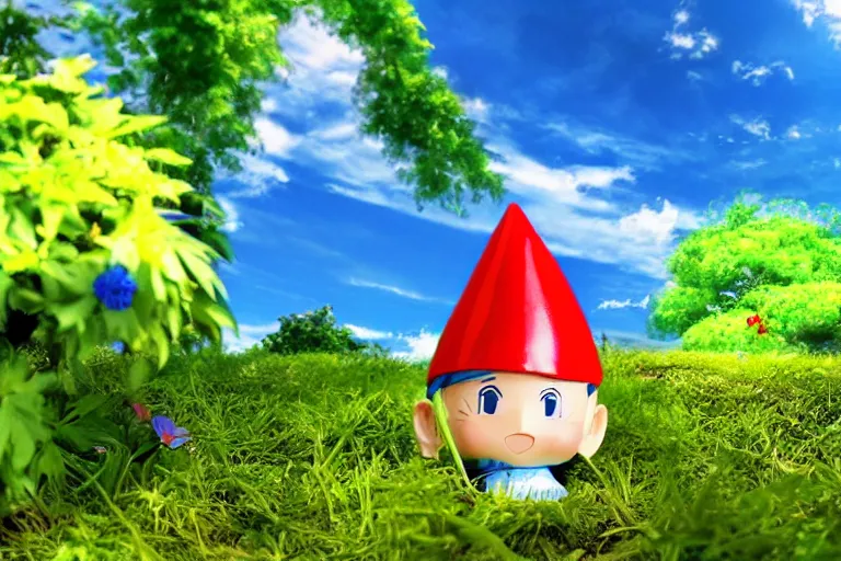 Image similar to anime gnome, mushroom house, under lush green plants and flowers, hyper realism, macro shot, blue sky, sunny, bright colors,