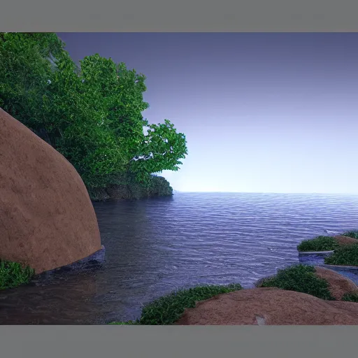 Image similar to a beautiful landscape, river, rocks, trees, volumetric lighting, octane render