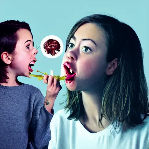 Prompt: young vampire aubrey plaza eating a clove of garlic, art by beeple