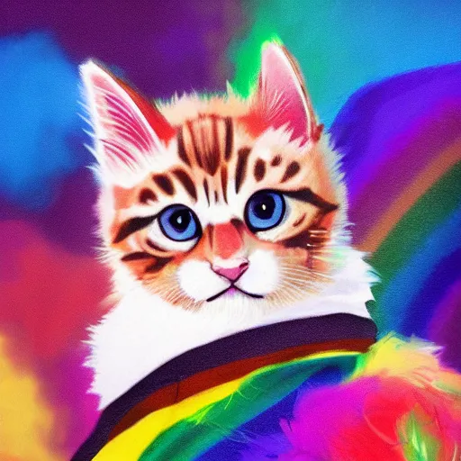 Image similar to wide angle full body, jacket wearing fluffy cute rainbow kitten wearing a black leather motorcycle jacket, concept art