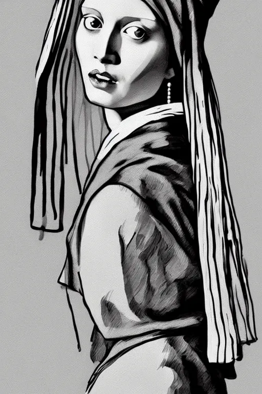 Image similar to beautiful portrait of a woman, negative no not the girl with a pearl earring, highly detailed ink illustration, b & w clean shaped illustration by kim jung gi, ric estrada, ron english and eiichiro oda