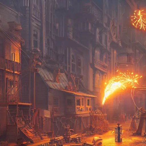 Prompt: a steampunk town, robot, fire, ash, electricity lightning, furry, soft, concept art, sharp focus, intricate details, highly detailed, photorealistic, disney pixar, octane render, iridescent, anime, 8 k