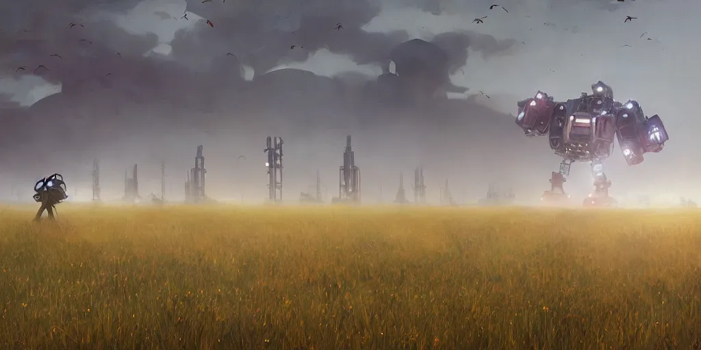 Image similar to giant mech stands over hay field by simon stalenhag, atmospheric haze, children in white jackets below look up, misty blue hour, sci fi digital painting, unreal engine 5, photorealism, hd quality, 8 k resolution, cinema 4 d, 3 d, cinematic, professional photography, art by artgerm and greg rutkowski and alphonse mucha and loish and wlop