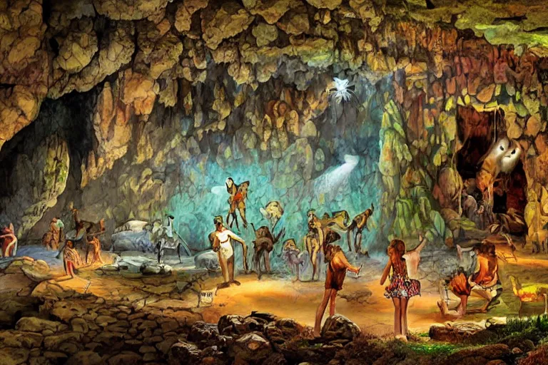 Image similar to Stone Age rave in a cave, I’m the style of Peter Goodfellow