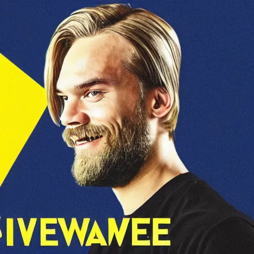 Image similar to Swedish propaganda poster of PewDiePie with the flag of Sweden in the background