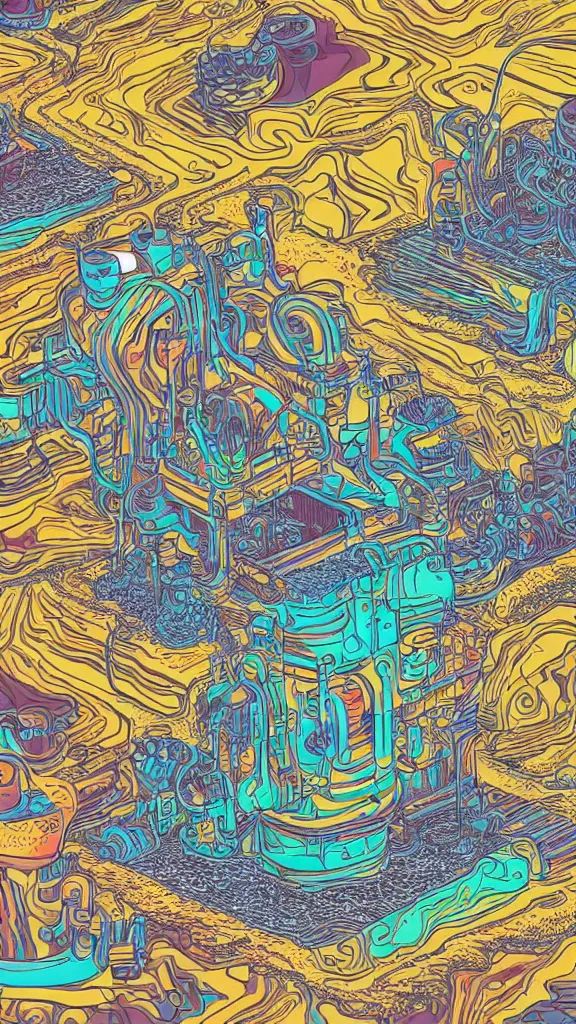 Prompt: macro photography of the giant psychedelic magical machine embedded within the mountain, sedimentary rock and marble, industrial machinery, pistons and valves, super conducters, reactor circuits. Isometric geology illustration in the style of Luis García Mozos