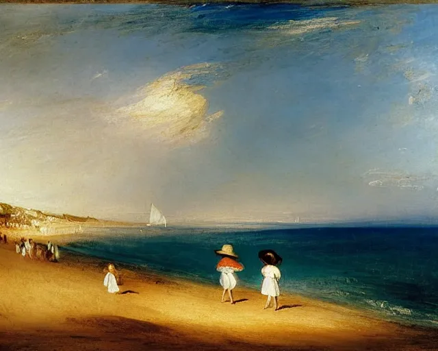 Image similar to a couple and a girl toddler on a beach in sardinia looking at a sailing boat, the man is wearing a panama hat, the woman has long dark hair, white sand, blue sky, summer, white and blue, painting by j. m. w. turner