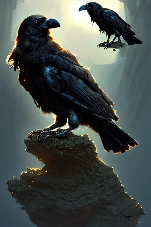 Prompt: clear portrait of a baby raven, cottagecore!!, background hyper detailed, character concept, full body, dynamic pose, glowing lights!! intricate, elegant, highly detailed, digital painting, artstation, concept art, smooth, sharp focus, illustration, art by artgerm and greg rutkowski and alphonse mucha