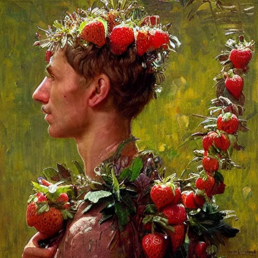 Image similar to a sculpture portrait made of kiwi and strawberries and flowers and plants, painting part by wojciech siudmak, part by ilya repin, part by max ernst, part by norman rockwell, artstation