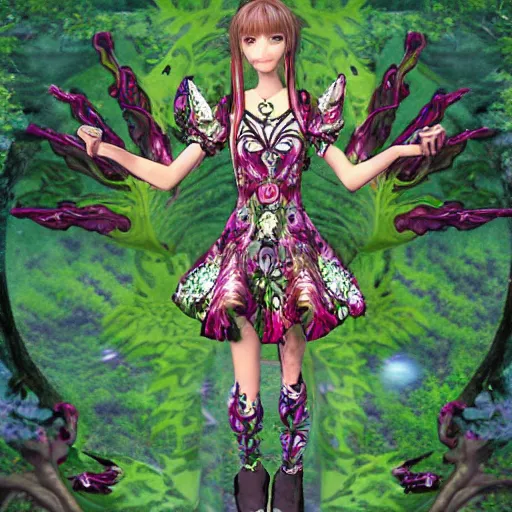 Image similar to cute female forest spirit wearing ornate floral cybernetic hungarian valentino resort dress in a 3 d psx ps 2 jrpg style, fighting fantasy monsters creatures, bright esoteric magical alien meadow ritual environment, fashion gameplay screenshot, highly detailed, atelier, xenogears