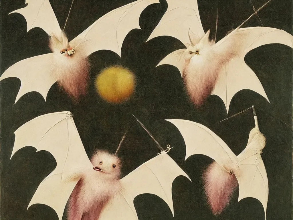 Image similar to beautiful exotic white fluffy bat, long antennae, pink eye. Painting by Jan van Eyck, Bosch, Audubon, Rene Magritte, Agnes Pelton, Max Ernst, Walton Ford