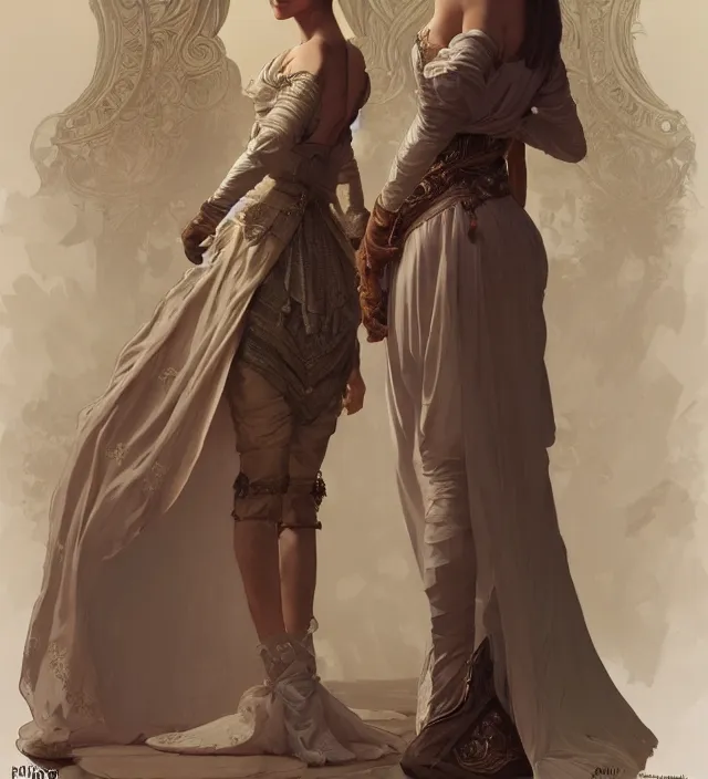 Image similar to portrait of a full body of young beautiful female princess, d & d, baroque dress, elegant, flat lighting, intricate, highly detailed, digital painting, artstation, concept art, smooth, sharp focus, illustration, art by simon bisley and greg rutkowski and alphonse mucha, natural tpose