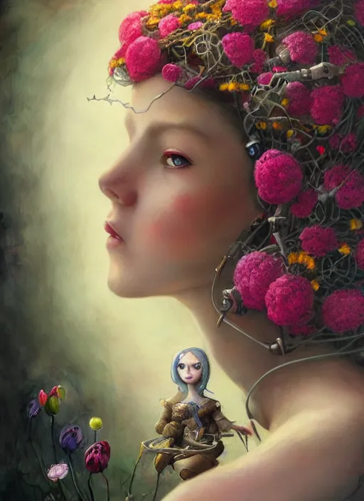 Image similar to profile medieval nicoletta ceccoli, mark ryden, lostfish, hyung tae, frank frazetta, face portrait of cyborg girl surrounded by flowers and cables portrait, hyper realistic, artstation, illustration, digital paint, matte paint, vivid colors, bright, cheerful, detailed and intricate environment