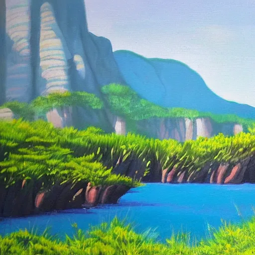 Prompt: acrylic painting of a lush natural scene on an alien planet by wim van de wege. beautiful landscape. weird vegetation. cliffs and water.