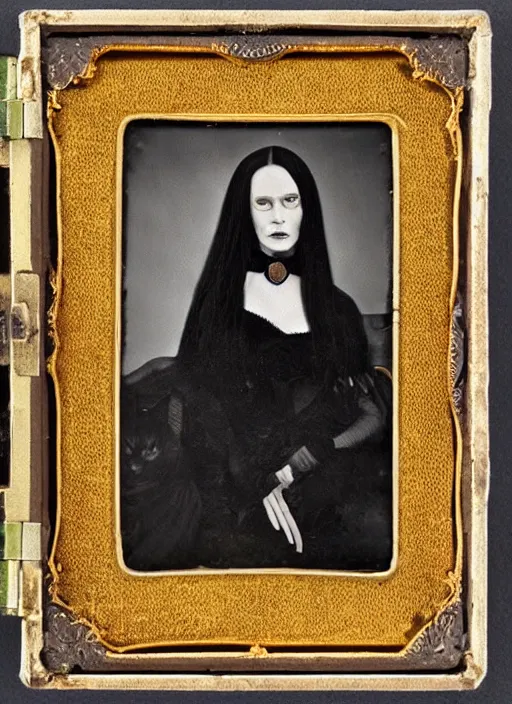 Image similar to daguerreotype ambrotype of the witch with terror aspect, memento mori, very detailed, morticia, black cat