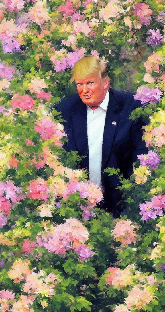 Image similar to romantic detailed portrait of donald trump surrounded by beautiful flowers, by gregory manchess, james gurney, james jean