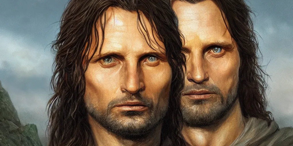 Prompt: Aragorn portrait, golden hour, rim lighting, detailed matte painting, cinematic, Alan Lee, Artstation