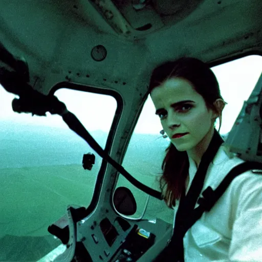 Prompt: film still, extreme far view, emma watson, in helicopter cockpit, apocalypse now, associated press, 2 6 mm, kodak ektachrome, blue tint expired film,