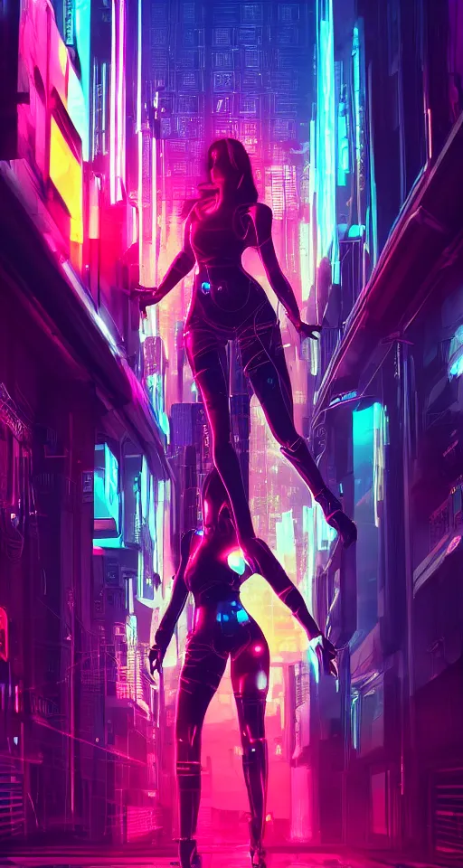 Image similar to high detailed cyberpunk women, city, neon lights, glow, sunset, atmospheric, cinematic, retrowave style,