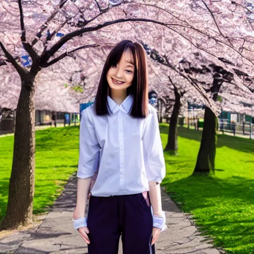 Prompt: Beautiful anime girl grinning while also wearing school attire with cherry blossoms in the background, anime style, 4K