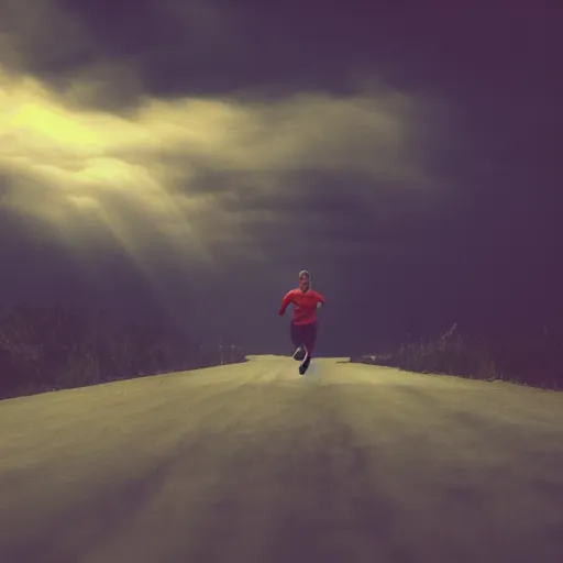 Image similar to running into the sky, 4k, post-processing, dramatic lighting, intense moment