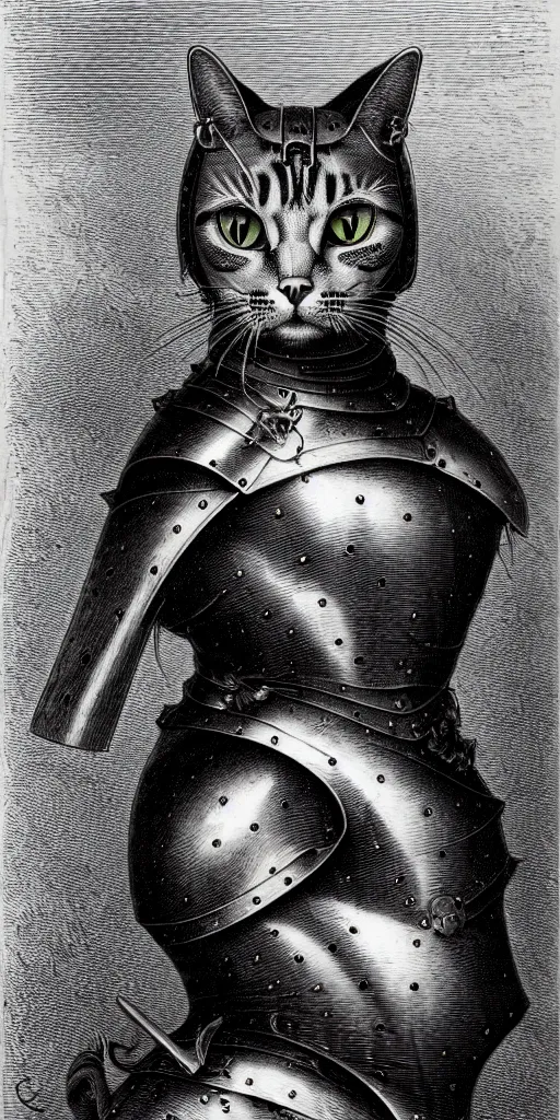 Image similar to engraving portrait of humanoid cat in medieval armoury by gustave dore. trending on deviant art, street art, chillwave, maximalist, full of color, glittering, 8 k, hd