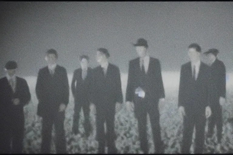 Prompt: 8 mm film still, blurry, grainy, liminal, unsettling, group of tall men in suits in a field at night, rain, flash on, dark midnight