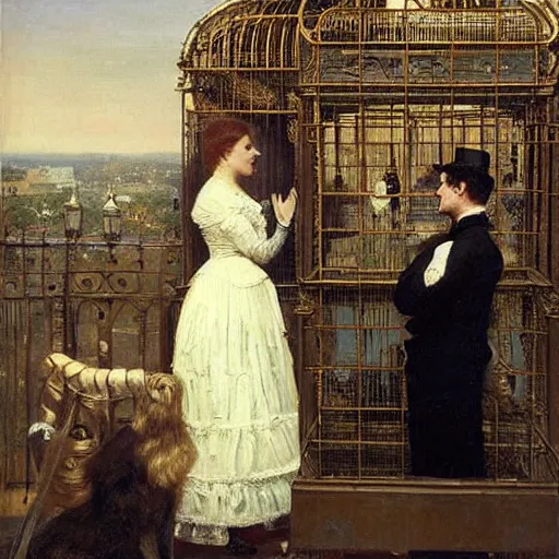 Image similar to young victorian woman solving an escape room riddle, while young victorian man is trapped in a cage, painted by alfred stevens