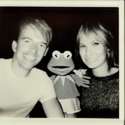 Prompt: found polaroid of my parents who look exactly like Taylor Swift and Kermit the frog