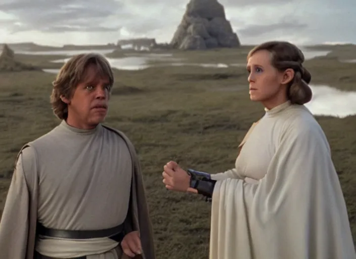 Prompt: Luke Skywalker teaches Leia in outfit at Jedi Temple scene from the last jedi, 2022, film by Stanley Kubrick, serene, iconic scene, stunning cinematography, hyper detailed, sharp, anamorphic lenses, kodak color film