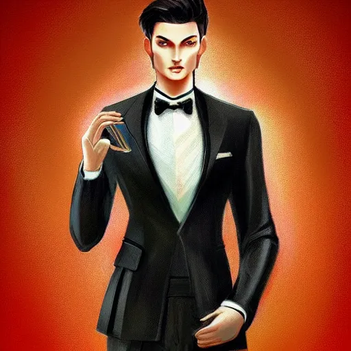 Prompt: nice android in a formal suit by Rutkowsky, by Charlie Bowater