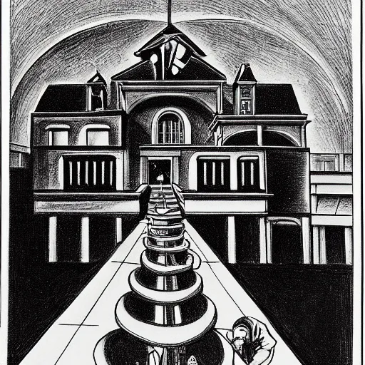 Image similar to a m. c. escher style drawing of trump and his safe