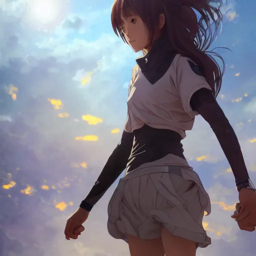 Image similar to a girl is running, sport clothing, anime style, brown short hair, hair down, symmetrical facial features, from arknights, hyper realistic, rule of thirds, extreme detail, detailed 4 k drawing, trending pixiv, realistic lighting, by alphonse mucha, greg rutkowski, sharp focus, backlit