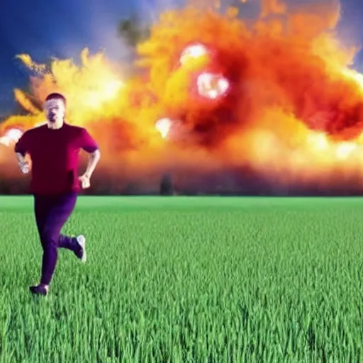 Prompt: cctv footage of a man running across a field, in the background is a large explosion, highly detailed, very realistic.