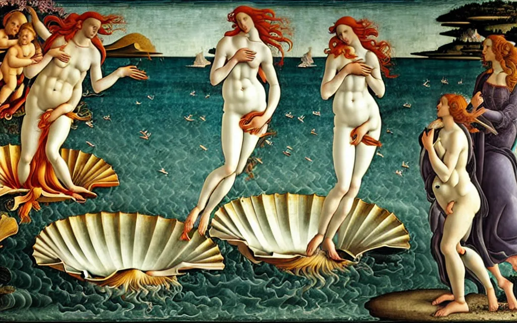 Image similar to sandro botticelli. very soft, delicate light. birth of venus raving.