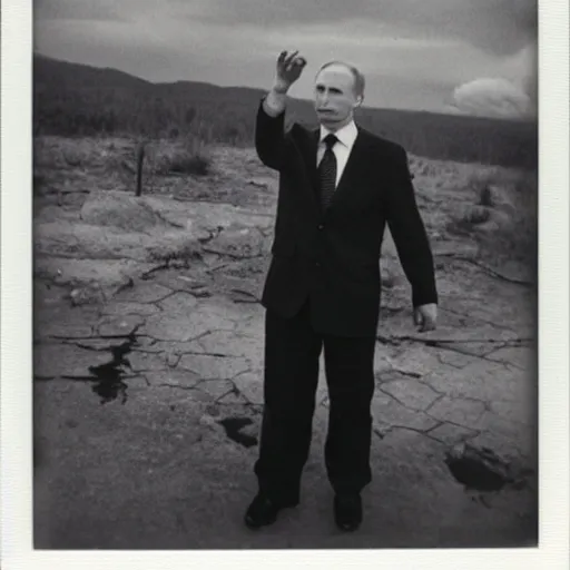 Image similar to Vladimir putin looking at an atomic bomb explosion. polaroid. bleak.