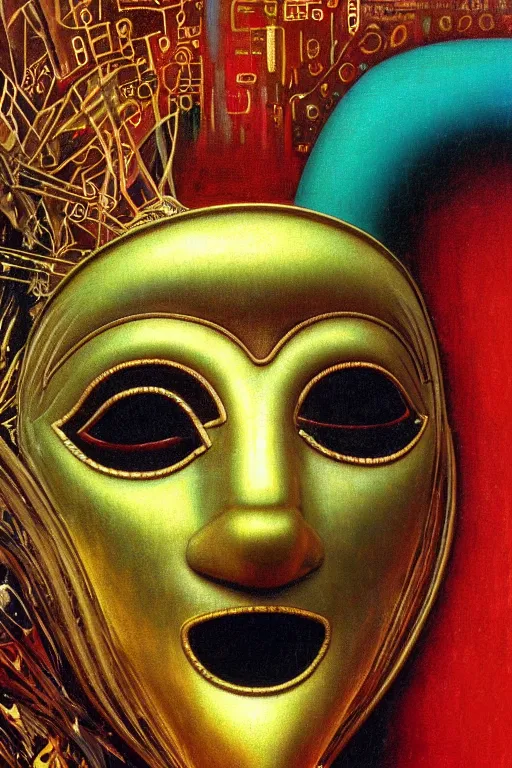 Prompt: 8 0 s art deco close up portait of venetian mask, rain like a dream oil painting curvalinear clothing cinematic dramatic cyberpunk textural fluid lines otherworldly vaporwave interesting details fantasy lut epic composition by basquiat zdzisław beksinski james jean artgerm rutkowski moebius francis bacon gustav klimt