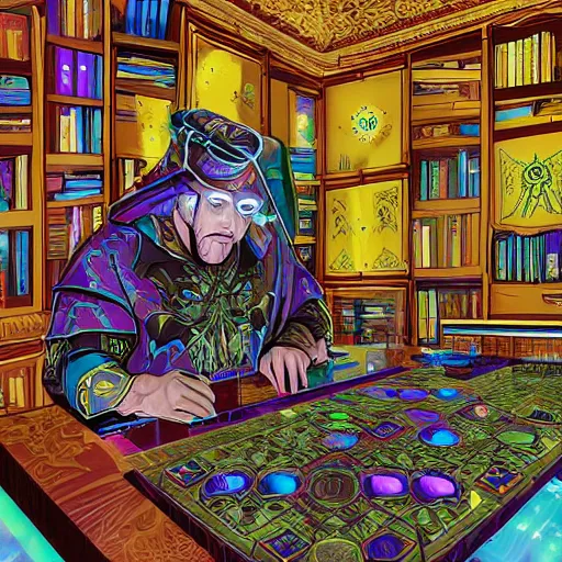 Prompt: cyberpunk hermetic esoteric play and games scholar floral patterned robes in his study with holographic contraptions, board games, crt monitors