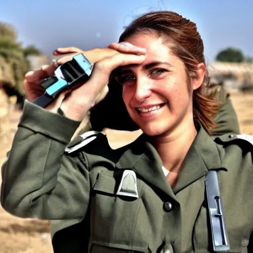 Image similar to a female israeli defence force soldier holding a stapler to her head and smile by donato gianocola