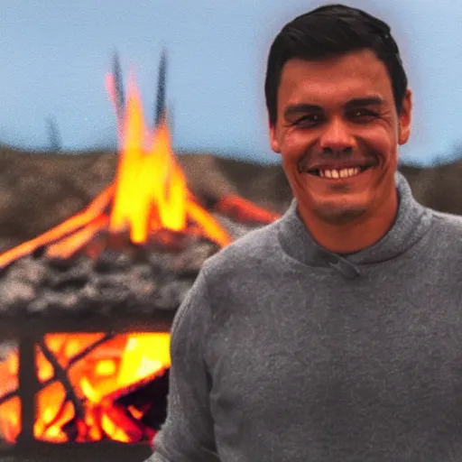 Prompt: photo of pedro sanchez very happy posing in front of a fire